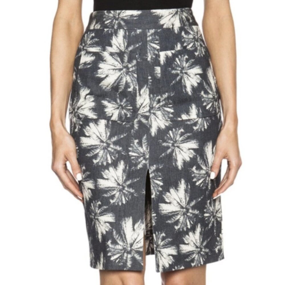 L'AGENCE Plam Print Pencil Skirt Size 0 Blue White Tropical Denim Italy 26"